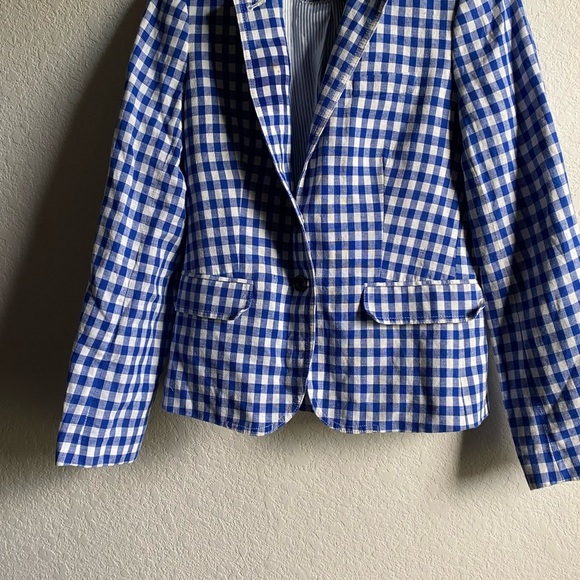 J.Crew Campbell Linen Blend Blue Gingham Check Preppy Academia Office Blazer 2 - Picture 3 of 16